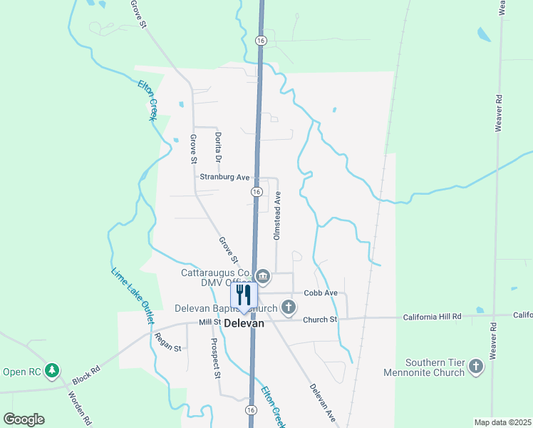 map of restaurants, bars, coffee shops, grocery stores, and more near 20 North Main Street in Delevan