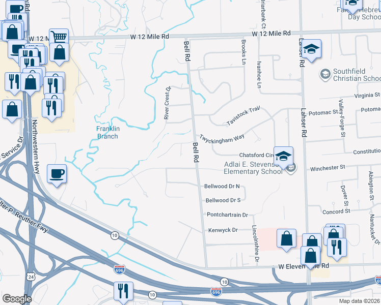 map of restaurants, bars, coffee shops, grocery stores, and more near 28201 Bell Road in Southfield