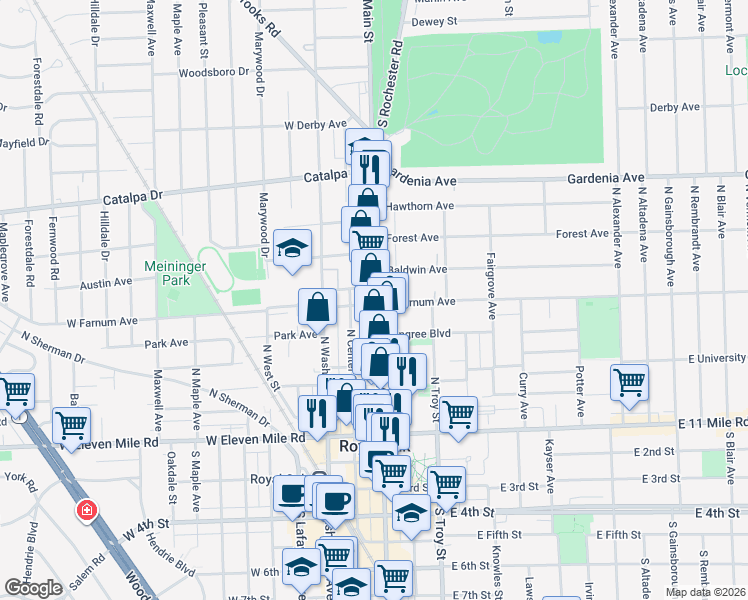 map of restaurants, bars, coffee shops, grocery stores, and more near 517 North Main Street in Royal Oak