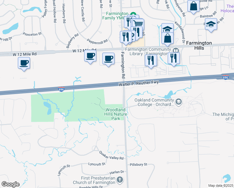 map of restaurants, bars, coffee shops, grocery stores, and more near 26705 Farmington Road in Farmington Hills