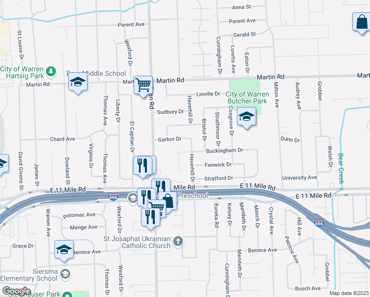 map of restaurants, bars, coffee shops, grocery stores, and more near 4245 Buckingham Drive in Warren