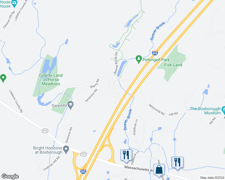 map of restaurants, bars, coffee shops, grocery stores, and more near 52 Swanson Court in Boxborough
