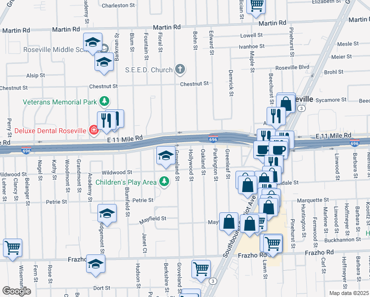 map of restaurants, bars, coffee shops, grocery stores, and more near 26744 Groveland Street in Roseville