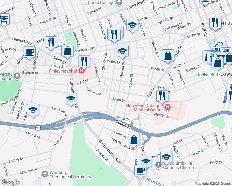 map of restaurants, bars, coffee shops, grocery stores, and more near 116 Nevada Street in Dubuque