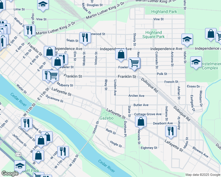 map of restaurants, bars, coffee shops, grocery stores, and more near 204 Rhey Street in Waterloo