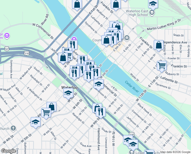 map of restaurants, bars, coffee shops, grocery stores, and more near 224 West 6th Street in Waterloo