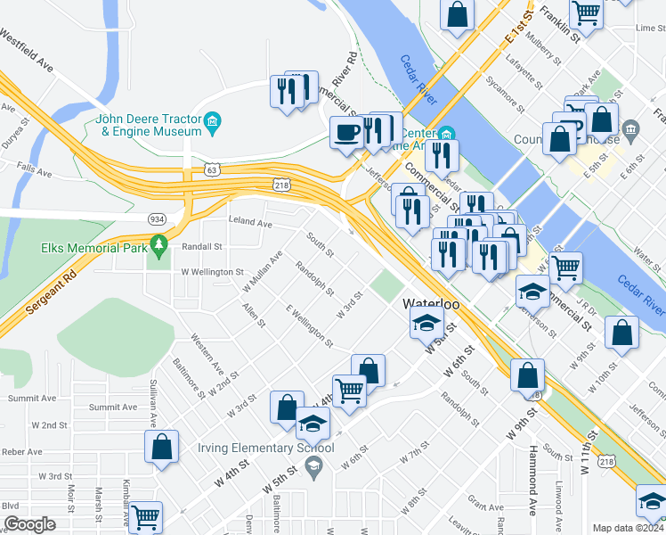 map of restaurants, bars, coffee shops, grocery stores, and more near 626 West 2nd Street in Waterloo