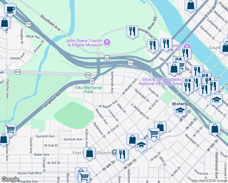 map of restaurants, bars, coffee shops, grocery stores, and more near 405 Sunnyside Avenue in Waterloo