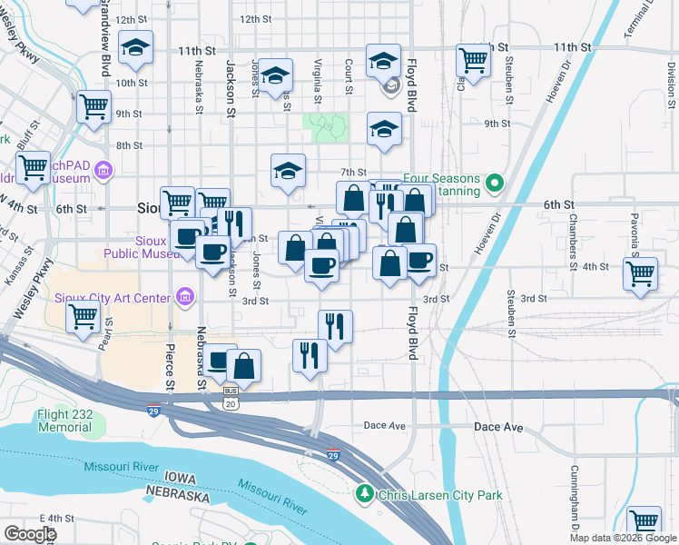 map of restaurants, bars, coffee shops, grocery stores, and more near 1020 4th Street in Sioux City