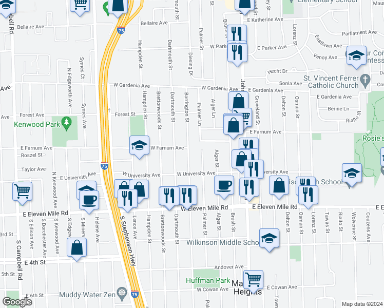 map of restaurants, bars, coffee shops, grocery stores, and more near 27384 Barrington Street in Madison Heights