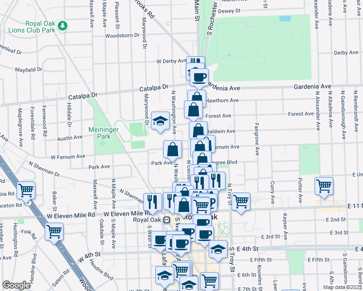 map of restaurants, bars, coffee shops, grocery stores, and more near 214 West Farnum Avenue in Royal Oak