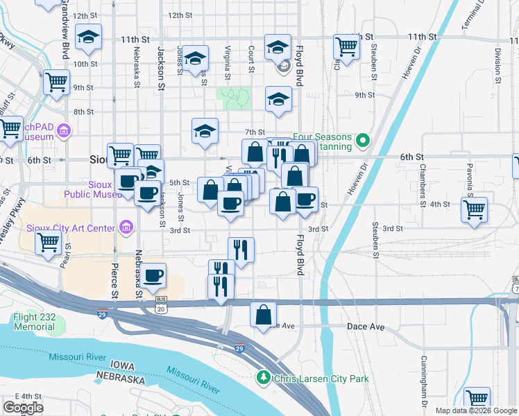 map of restaurants, bars, coffee shops, grocery stores, and more near 1106 4th Street in Sioux City