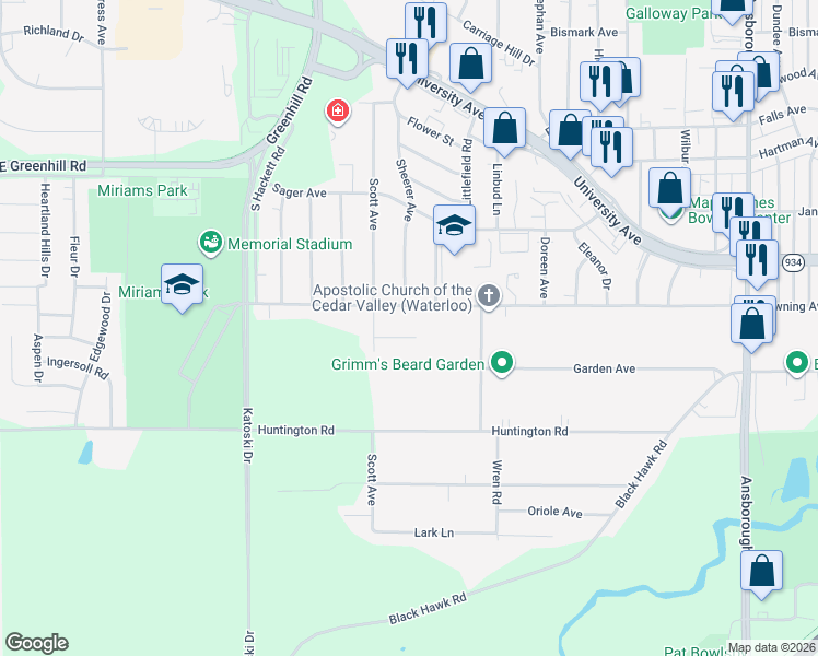 map of restaurants, bars, coffee shops, grocery stores, and more near 1815 Rush Street in Waterloo
