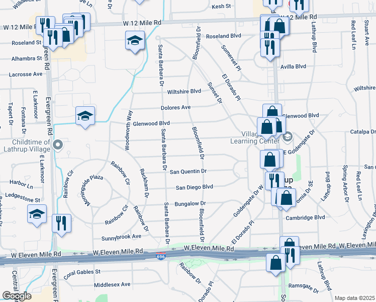 map of restaurants, bars, coffee shops, grocery stores, and more near 18835 San Jose Boulevard in Lathrup Village
