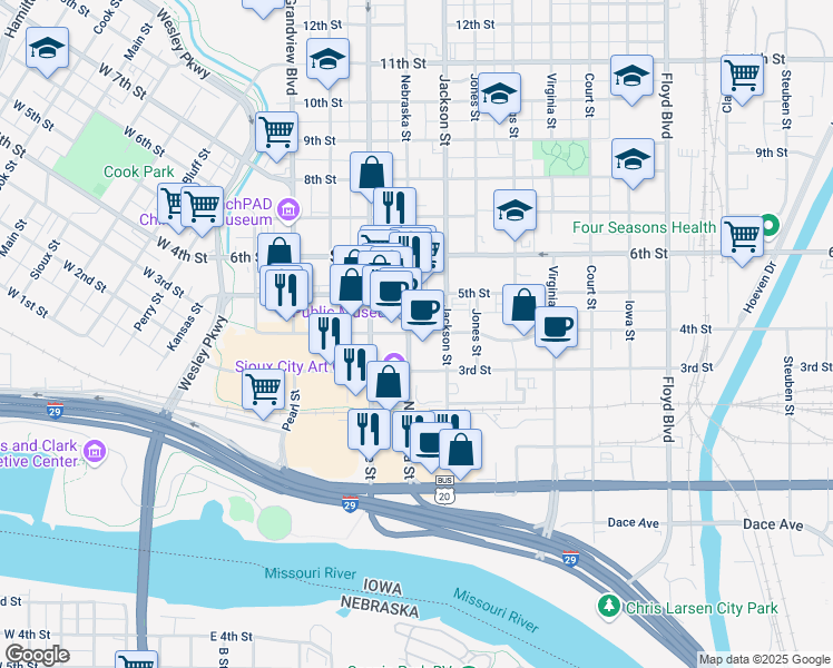 map of restaurants, bars, coffee shops, grocery stores, and more near 622 4th Street in Sioux City
