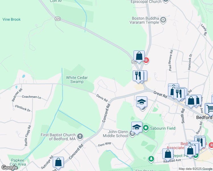 map of restaurants, bars, coffee shops, grocery stores, and more near 11000 Avalon Drive in Bedford