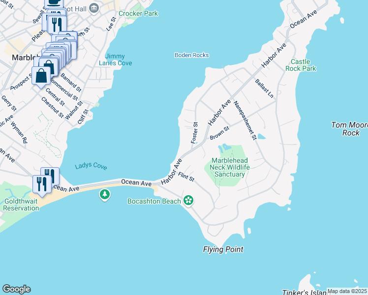 map of restaurants, bars, coffee shops, grocery stores, and more near 20 Harbor Avenue in Marblehead