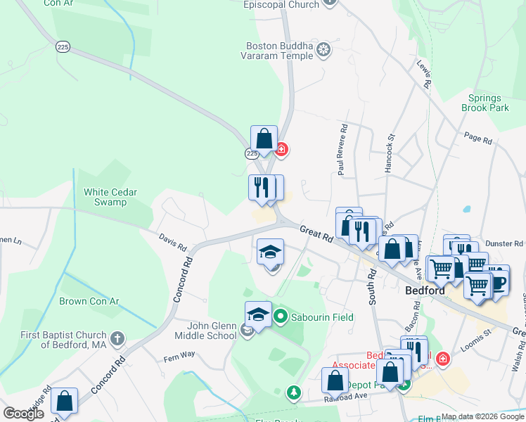 map of restaurants, bars, coffee shops, grocery stores, and more near 20 North Road in Bedford