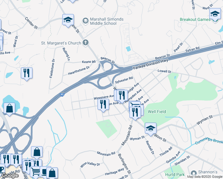 map of restaurants, bars, coffee shops, grocery stores, and more near 1 Elizabeth Avenue in Burlington