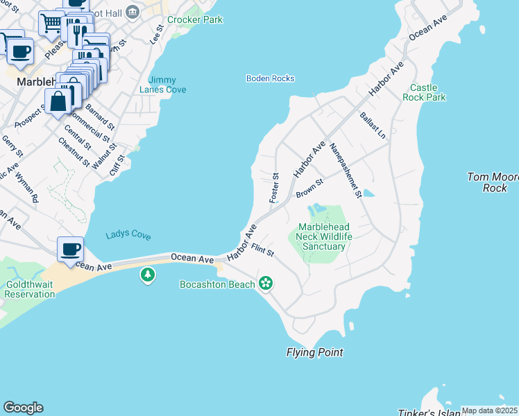 map of restaurants, bars, coffee shops, grocery stores, and more near 20 Harbor Avenue in Marblehead