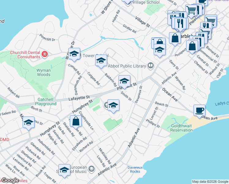 map of restaurants, bars, coffee shops, grocery stores, and more near 43 Smith Street in Marblehead