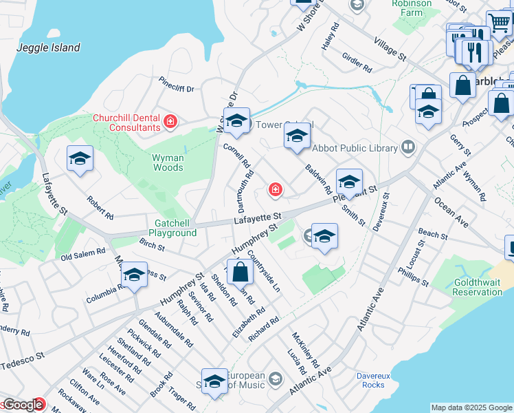 map of restaurants, bars, coffee shops, grocery stores, and more near 10 Lafayette Street in Marblehead