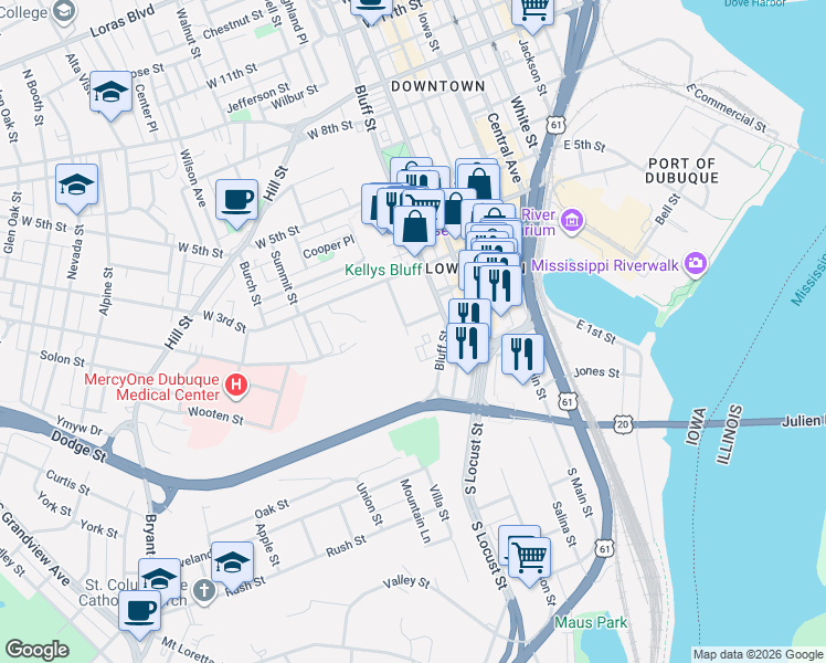 map of restaurants, bars, coffee shops, grocery stores, and more near 19 Bluff Street in Dubuque