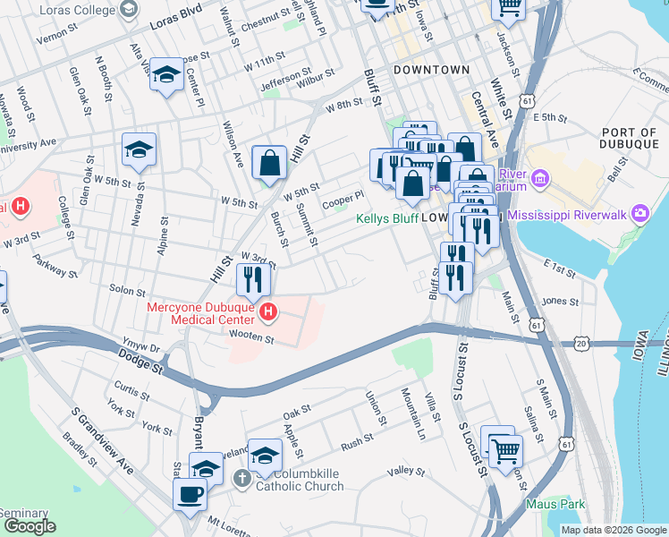 map of restaurants, bars, coffee shops, grocery stores, and more near 600-724 Mazzuchelli Street in Dubuque