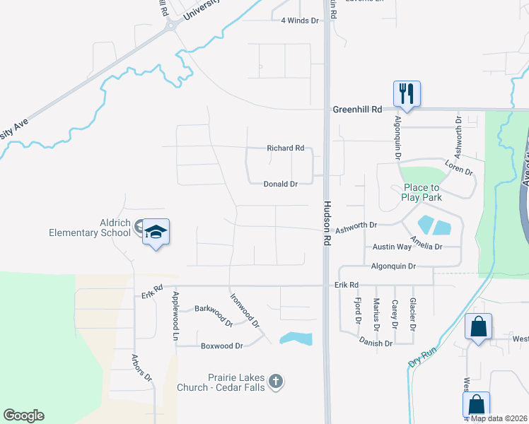 map of restaurants, bars, coffee shops, grocery stores, and more near Samantha Circle in Cedar Falls