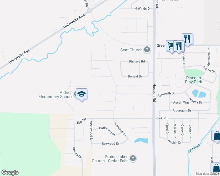 map of restaurants, bars, coffee shops, grocery stores, and more near 5205 Ironwood Drive in Cedar Falls