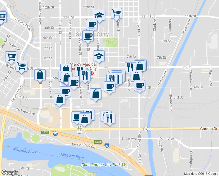 map of restaurants, bars, coffee shops, grocery stores, and more near 1002 4th Street in Sioux City