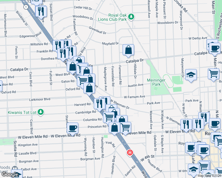 map of restaurants, bars, coffee shops, grocery stores, and more near 1415 West Farnum Avenue in Royal Oak