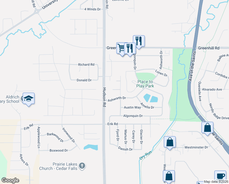 map of restaurants, bars, coffee shops, grocery stores, and more near 1609 Ashworth Drive in Cedar Falls