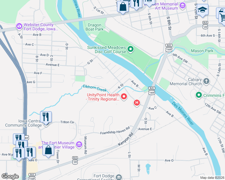map of restaurants, bars, coffee shops, grocery stores, and more near 321 K Street in Fort Dodge