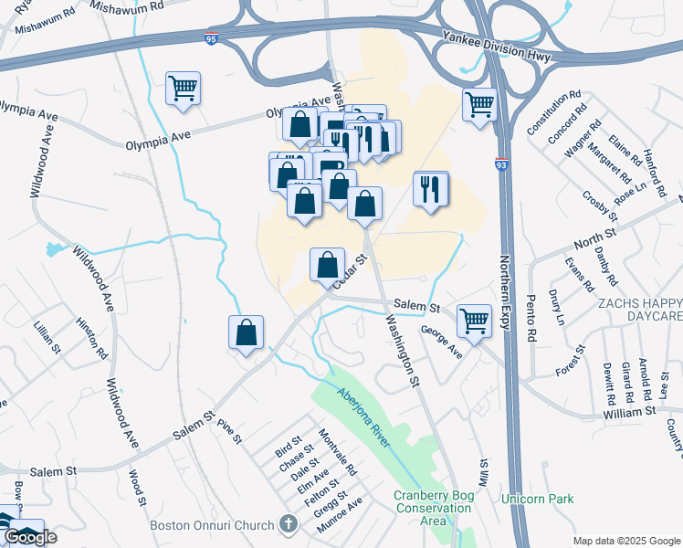 map of restaurants, bars, coffee shops, grocery stores, and more near 10 Cedar Street in Woburn