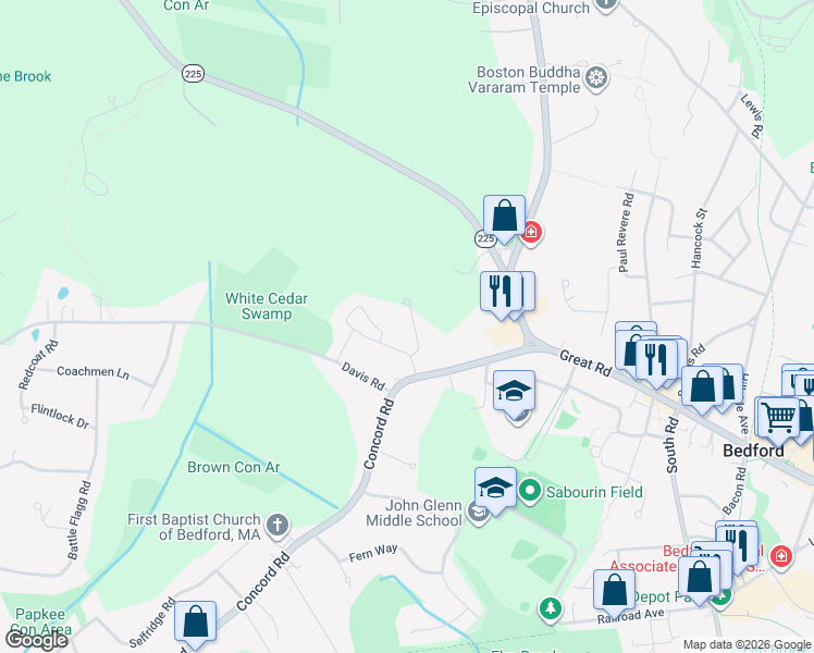 map of restaurants, bars, coffee shops, grocery stores, and more near 528 Bay Circle in Bedford