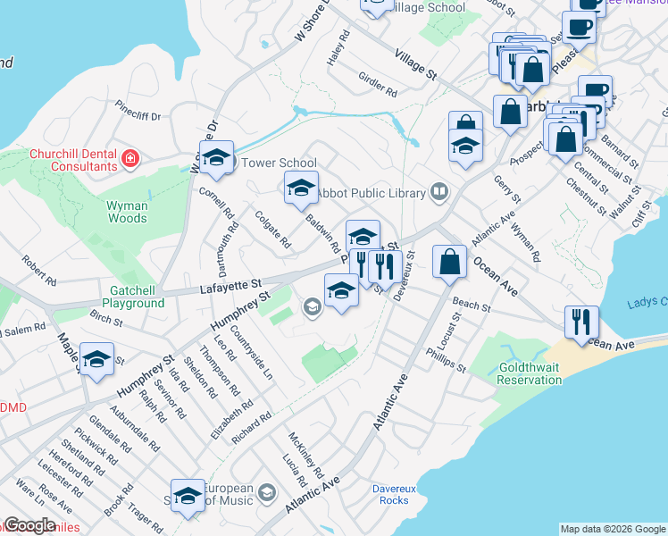 map of restaurants, bars, coffee shops, grocery stores, and more near 43 Smith Street in Marblehead