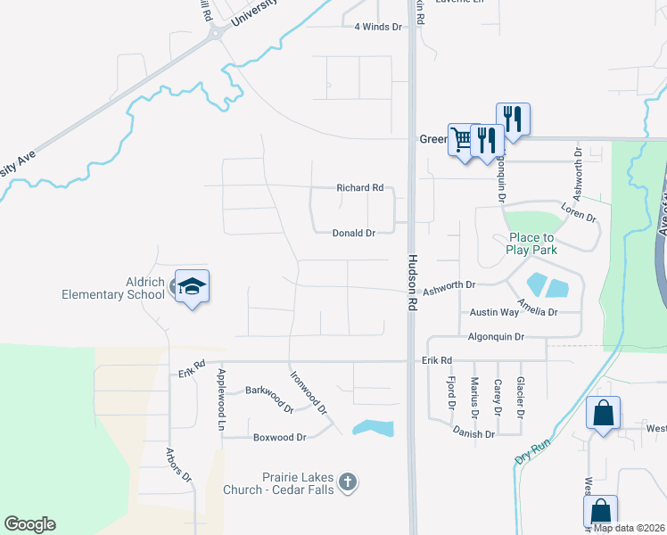 map of restaurants, bars, coffee shops, grocery stores, and more near Samantha Circle in Cedar Falls