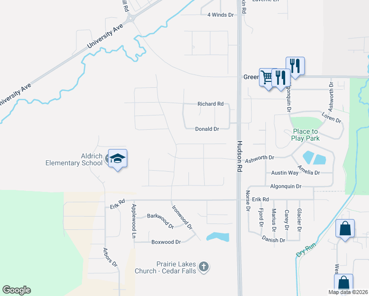 map of restaurants, bars, coffee shops, grocery stores, and more near 2104 Ashworth Drive in Cedar Falls