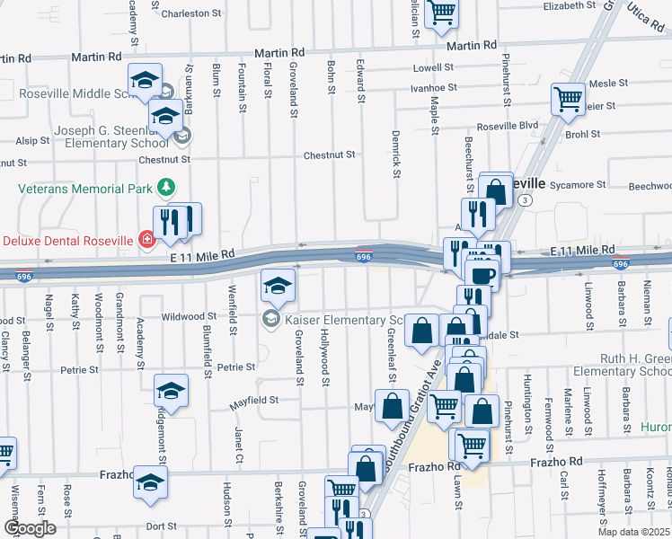 map of restaurants, bars, coffee shops, grocery stores, and more near 26775 Oakland Street in Roseville
