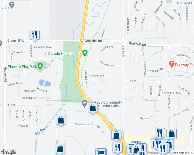 map of restaurants, bars, coffee shops, grocery stores, and more near 416 Alvarado Avenue in Cedar Falls
