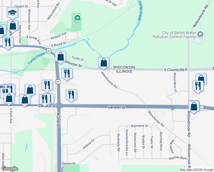 map of restaurants, bars, coffee shops, grocery stores, and more near 5510 Manchester Road in South Beloit