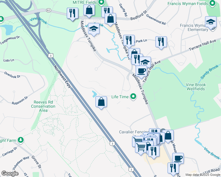 map of restaurants, bars, coffee shops, grocery stores, and more near 15 Network Drive in Burlington