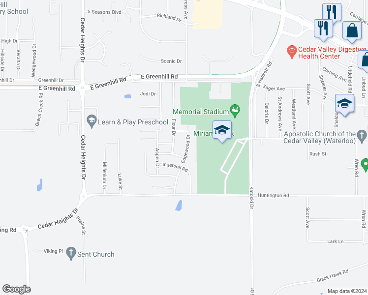 map of restaurants, bars, coffee shops, grocery stores, and more near 1242 Edgewood Drive in Waterloo