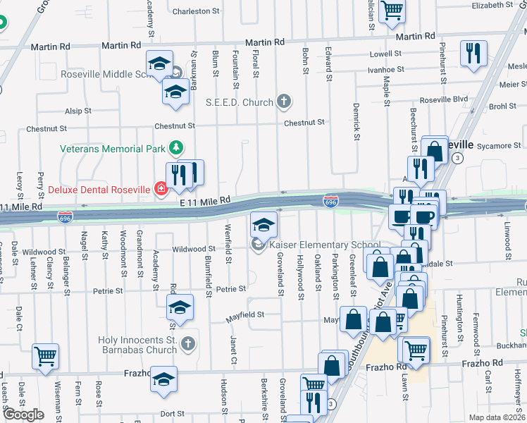 map of restaurants, bars, coffee shops, grocery stores, and more near Kaiser Street in Roseville