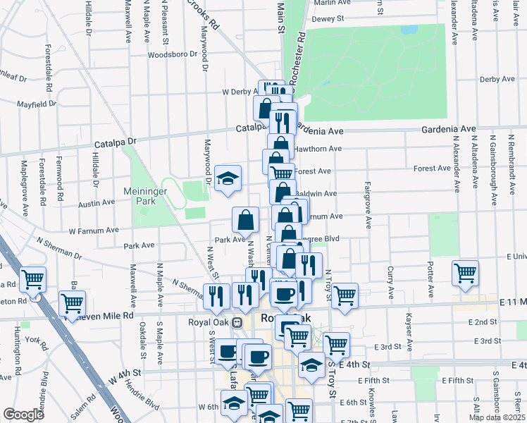map of restaurants, bars, coffee shops, grocery stores, and more near 712 North Washington Avenue in Royal Oak