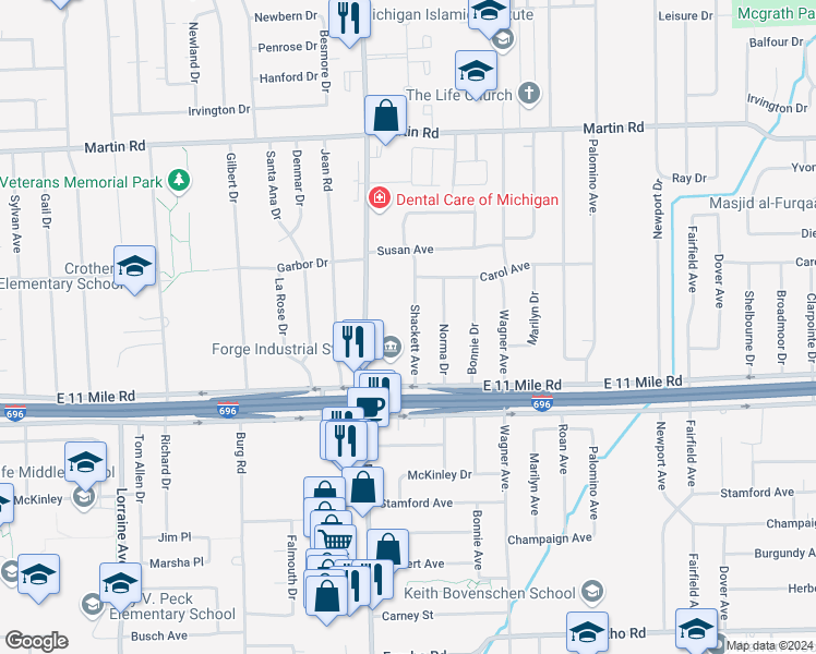 map of restaurants, bars, coffee shops, grocery stores, and more near 27269 Shackett Avenue in Warren