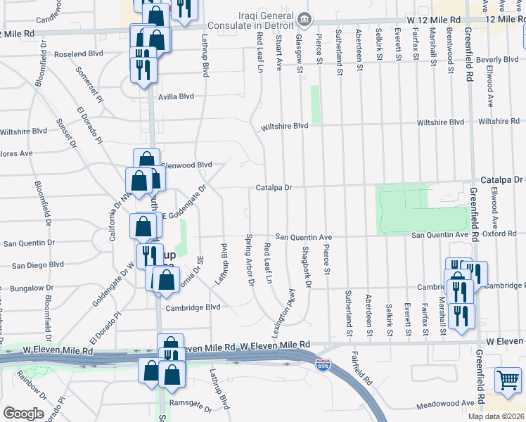 map of restaurants, bars, coffee shops, grocery stores, and more near 27685 Red Leaf Lane in Southfield