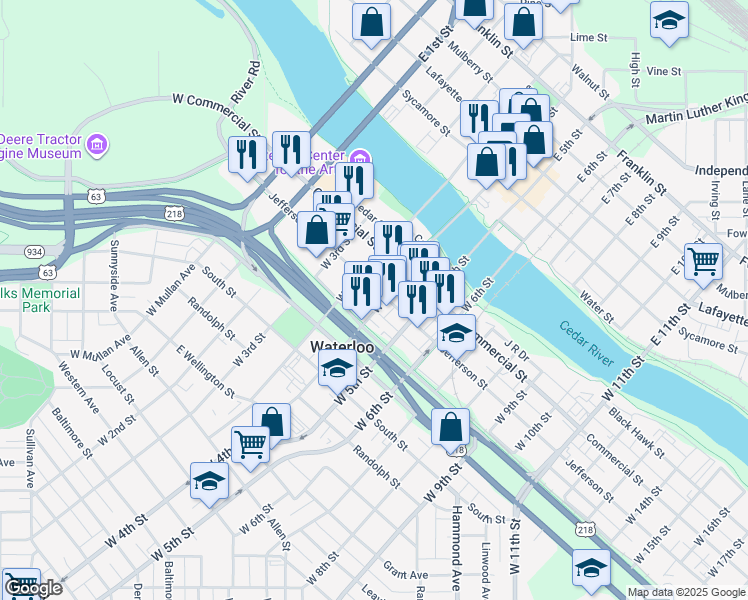 map of restaurants, bars, coffee shops, grocery stores, and more near 599 Jefferson St in Waterloo