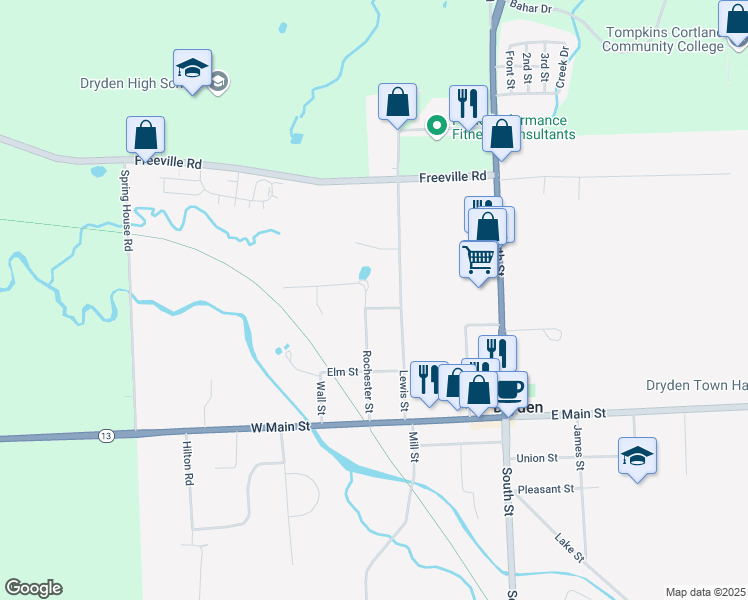 map of restaurants, bars, coffee shops, grocery stores, and more near 4 Marsh Street in Dryden